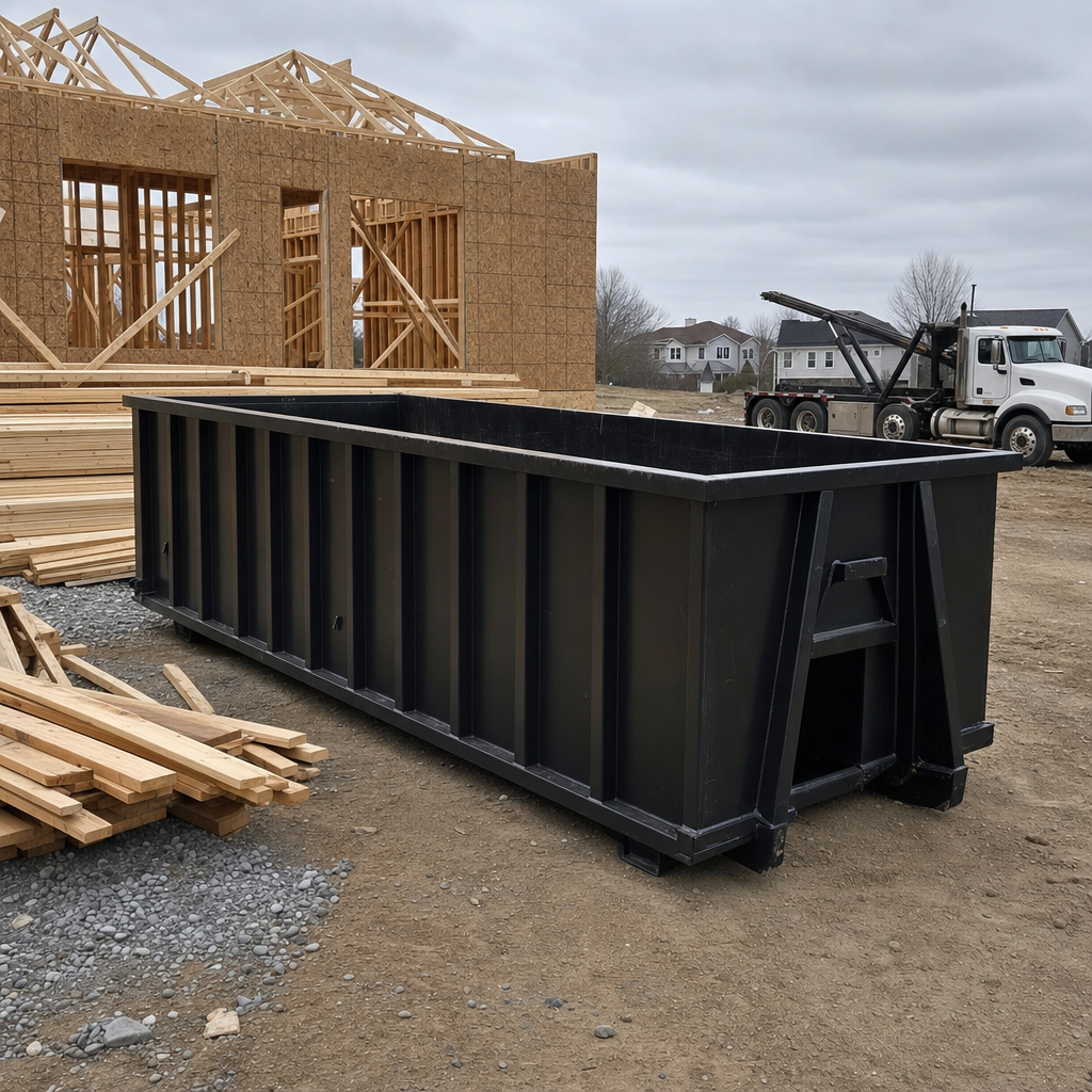 Matte-black 40-yard roll-off dumpster staged on a framed-out residential construction site in Tyler, framing lumber stacked nearby, hooklift delivery truck visible in the background under bright Colorado daylight
