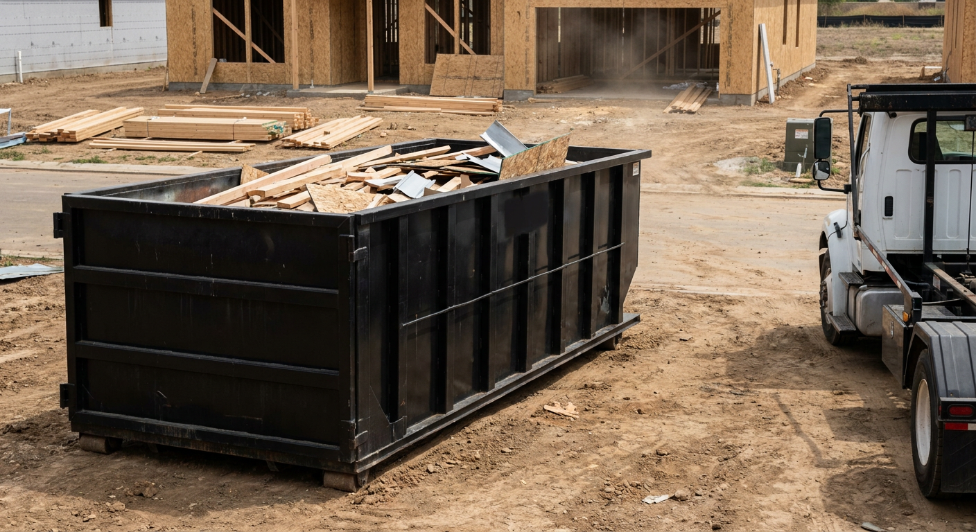 Matte-black 20-yard roll-off construction dumpster with heavy ribbed steel sidewalls and swing rear doors at a working jobsite in Tyler, sitting directly on compacted dirt with an unmarked white hauler partially visible at the far edge of the frame.