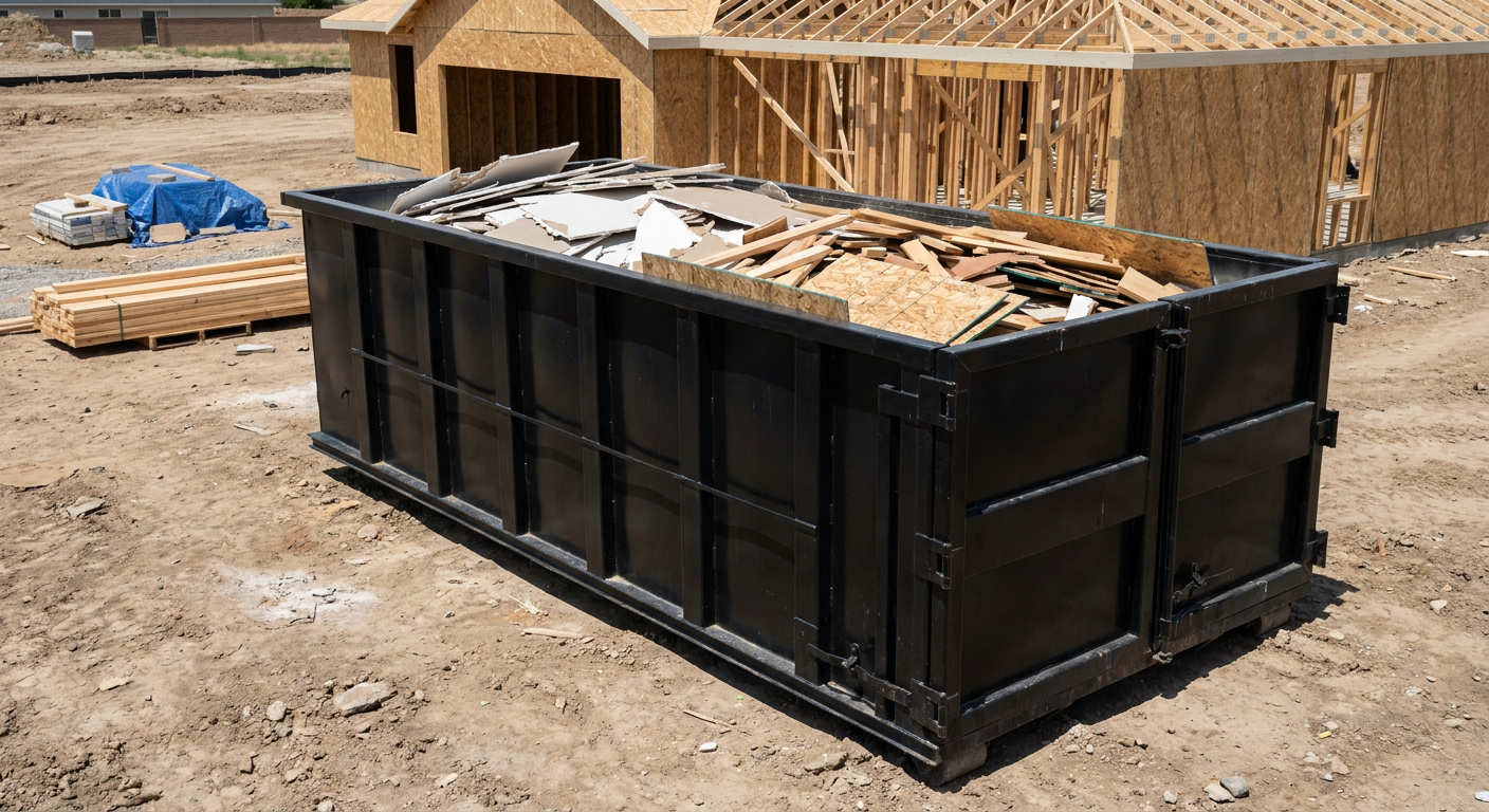 Matte-black 30-yard roll-off construction dumpster sitting directly on the compacted-dirt site of a framed single-family home build in Tyler, drywall and lumber scrap loaded inside.
