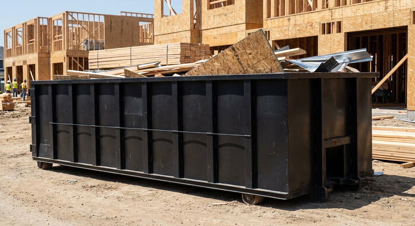 Matte-black 40-yard roll-off construction dumpster being lowered from a white-cab hooklift delivery truck onto the compacted-dirt jobsite at a commercial build site in Tyler