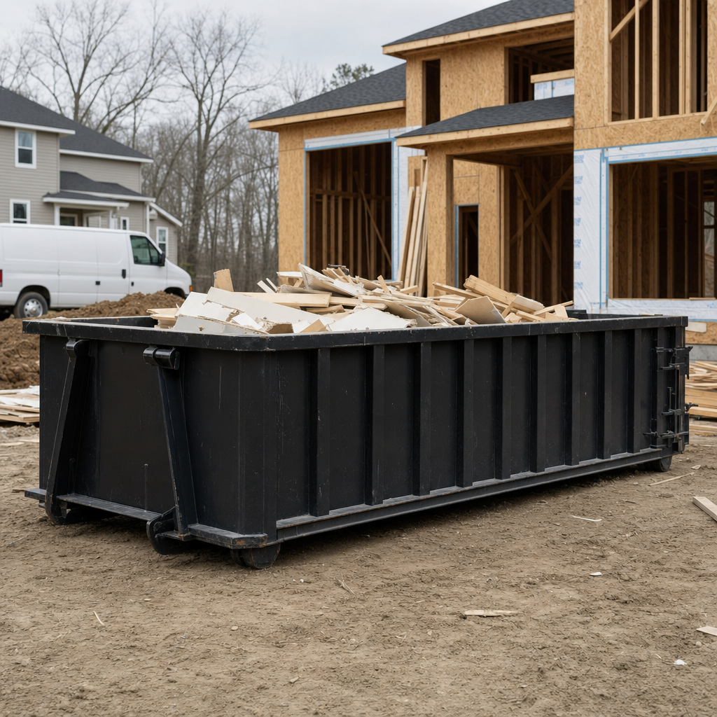 Worker in a yellow high-visibility vest tossing framing lumber and broken drywall into a matte-black 30-yard construction roll-off dumpster on an active build site in Tyler, bright daylight