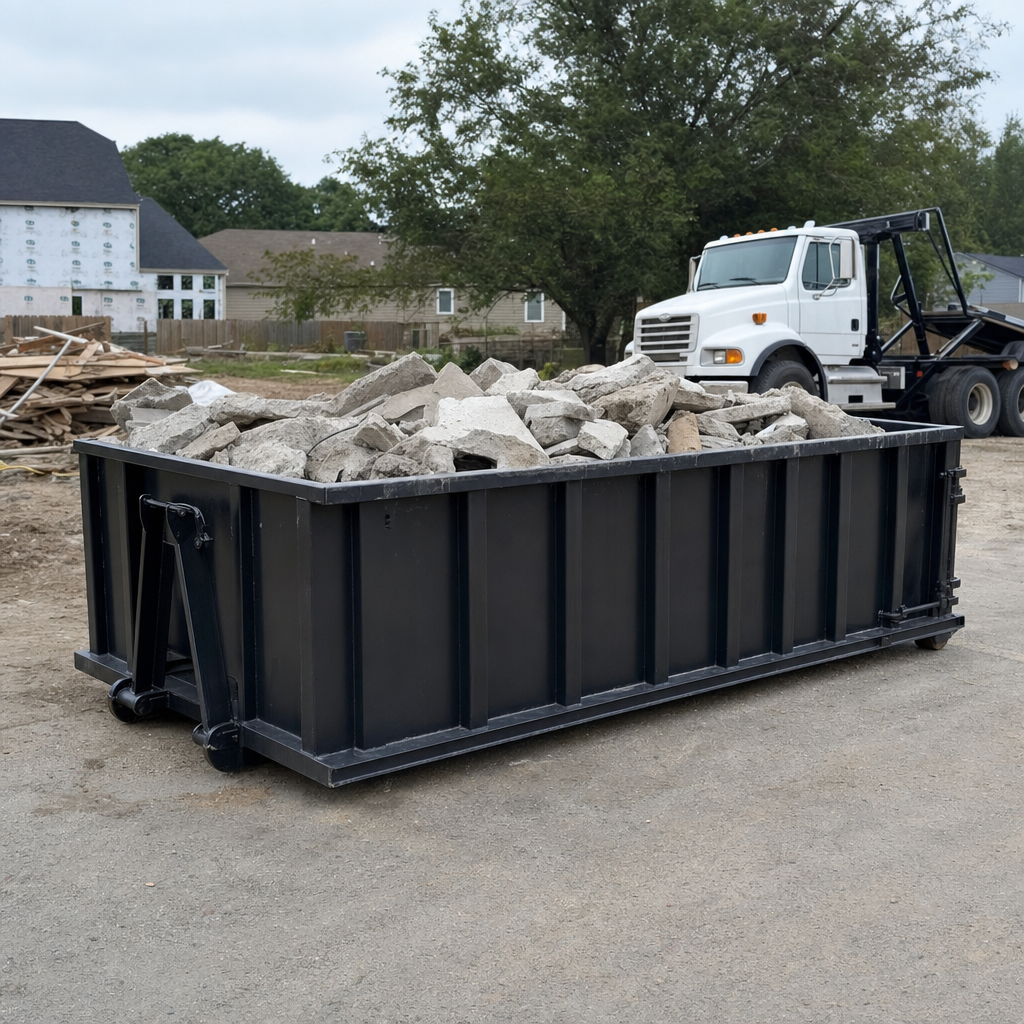 Low-profile matte-black lowboy roll-off dumpster loaded with broken concrete slab and rebar at a foundation tear-out in Tyler, skid steer parked beside it, sunny Colorado morning