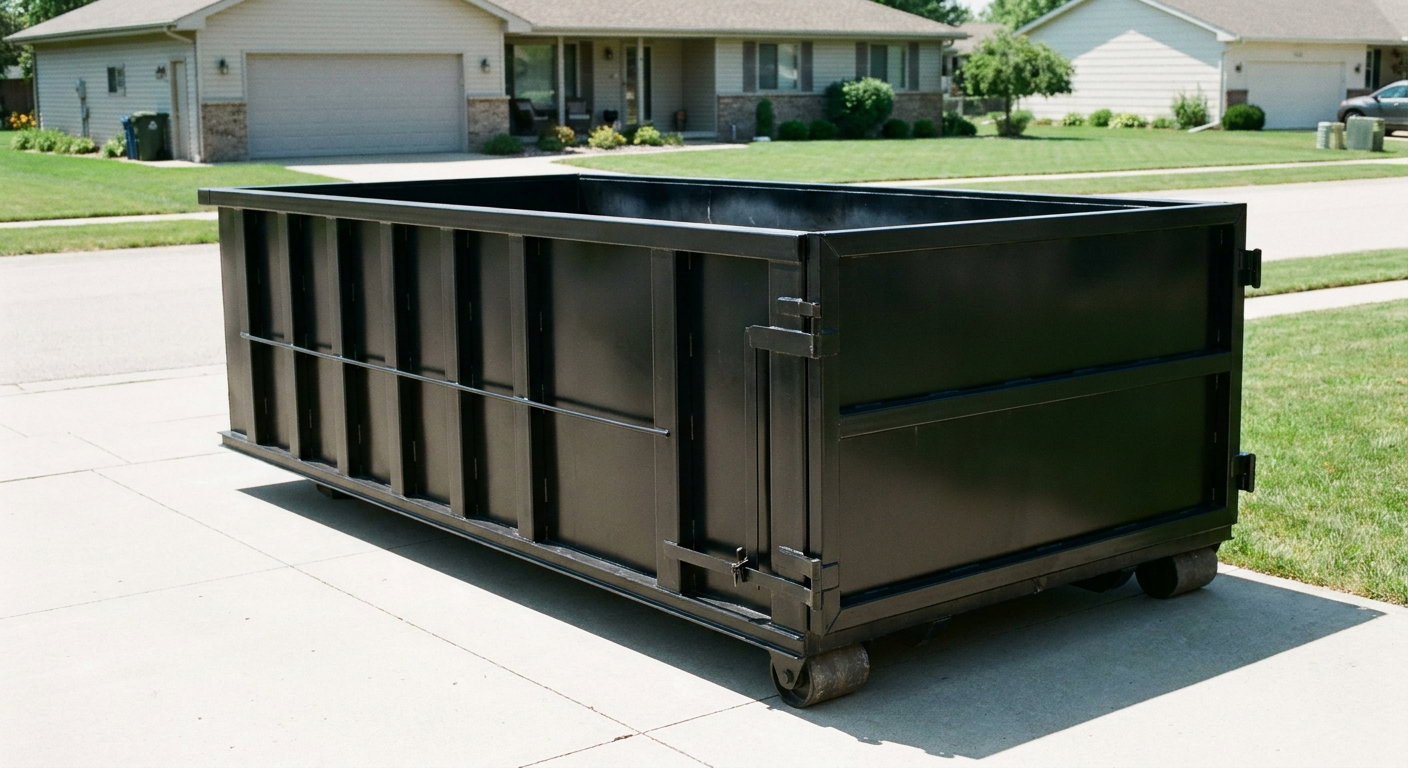 Matte-black 10-yard roll-off dumpster on a residential concrete driveway in Tyler, uniformly painted matte black across every panel and rail, ribbed steel sidewalls and rear swing door visible, mid-day daylight.