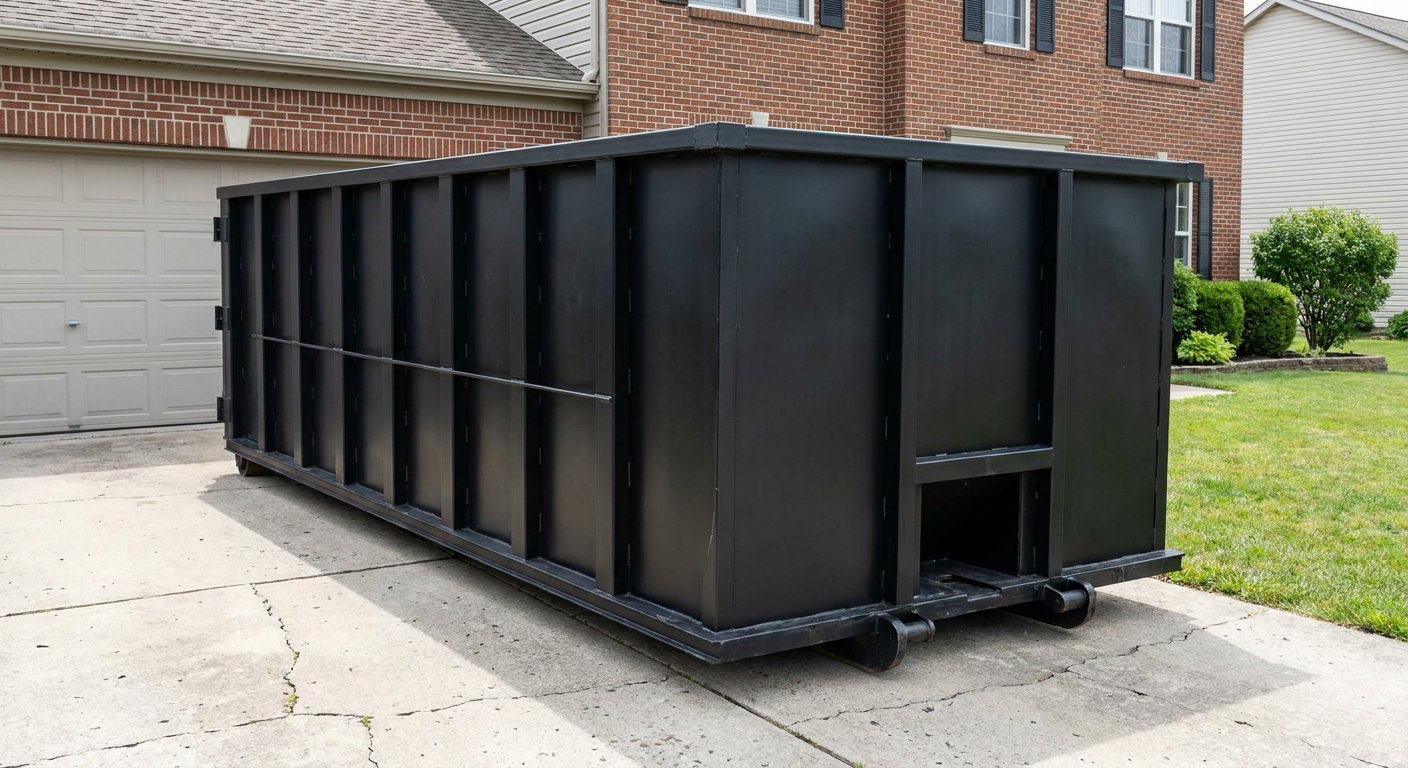 Matte-black 20-yard roll-off container on a Tyler residential concrete driveway with reinforced ribbed steel sidewalls and a hinged rear walk-in door, clean bright daylight.