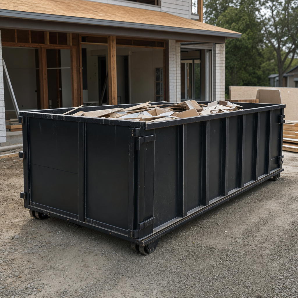 Large matte-black 30-yard construction roll-off dumpster at an active Tyler jobsite, steel-gray top rails and bottom rollers visible, loaded with construction debris.