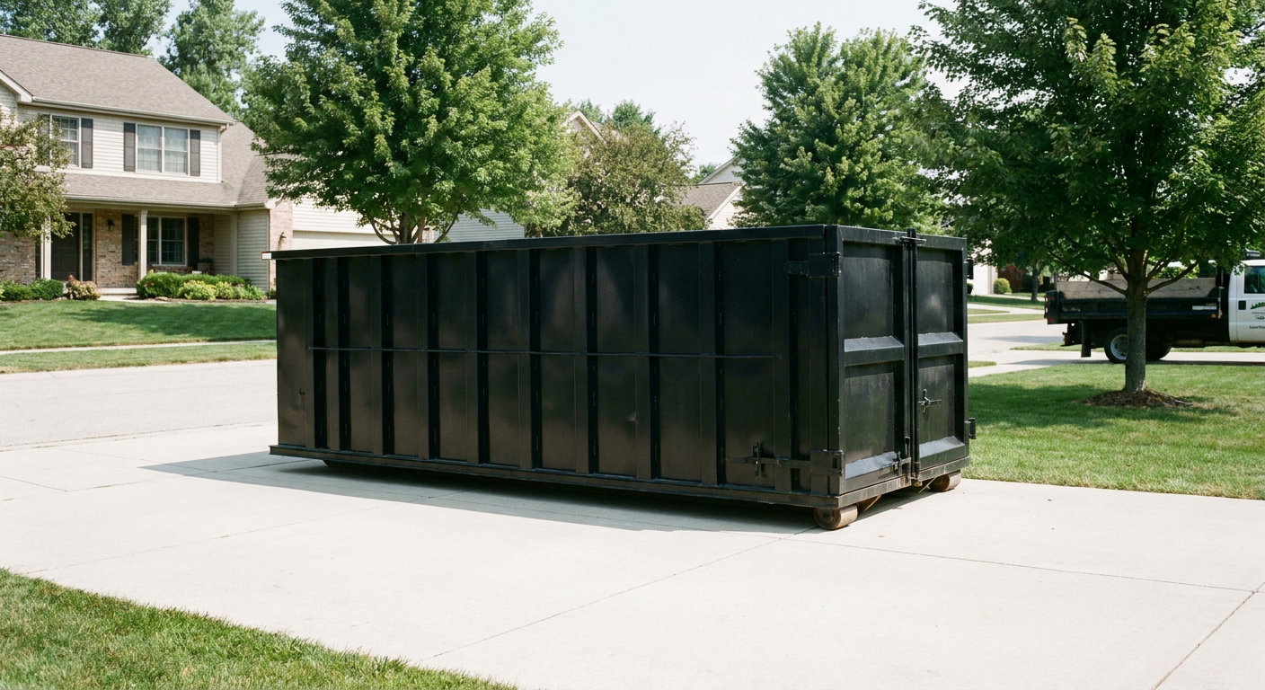 Matte-black 20-yard roll-off dumpster sitting level on a clean Tyler residential concrete driveway under bright daylight, demonstrating clean placement directly on the concrete.