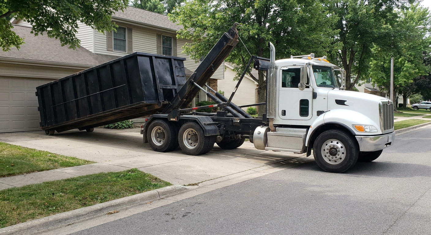 White-cab hooklift roll-off truck actively lowering a matte-black dumpster onto a Tyler residential concrete driveway, the dumpster's rear wheels touching the driveway as the hoist arm tilts the bed forward, mid-morning daylight.