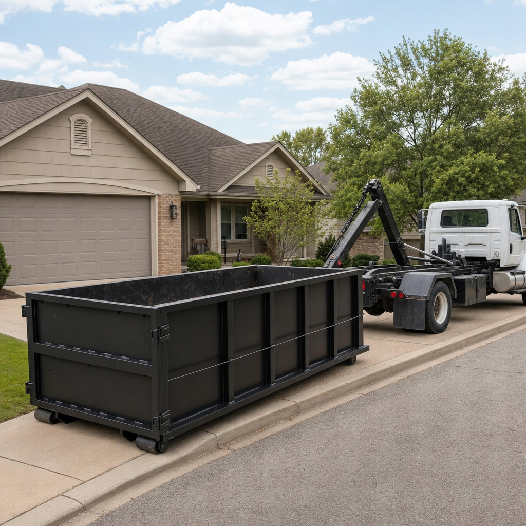 Wide documentary shot of a matte-black roll-off dumpster on a Tyler residential driveway in the foreground and a contractor jobsite container in the soft-focus background, bright daylight, calm and orderly composition.