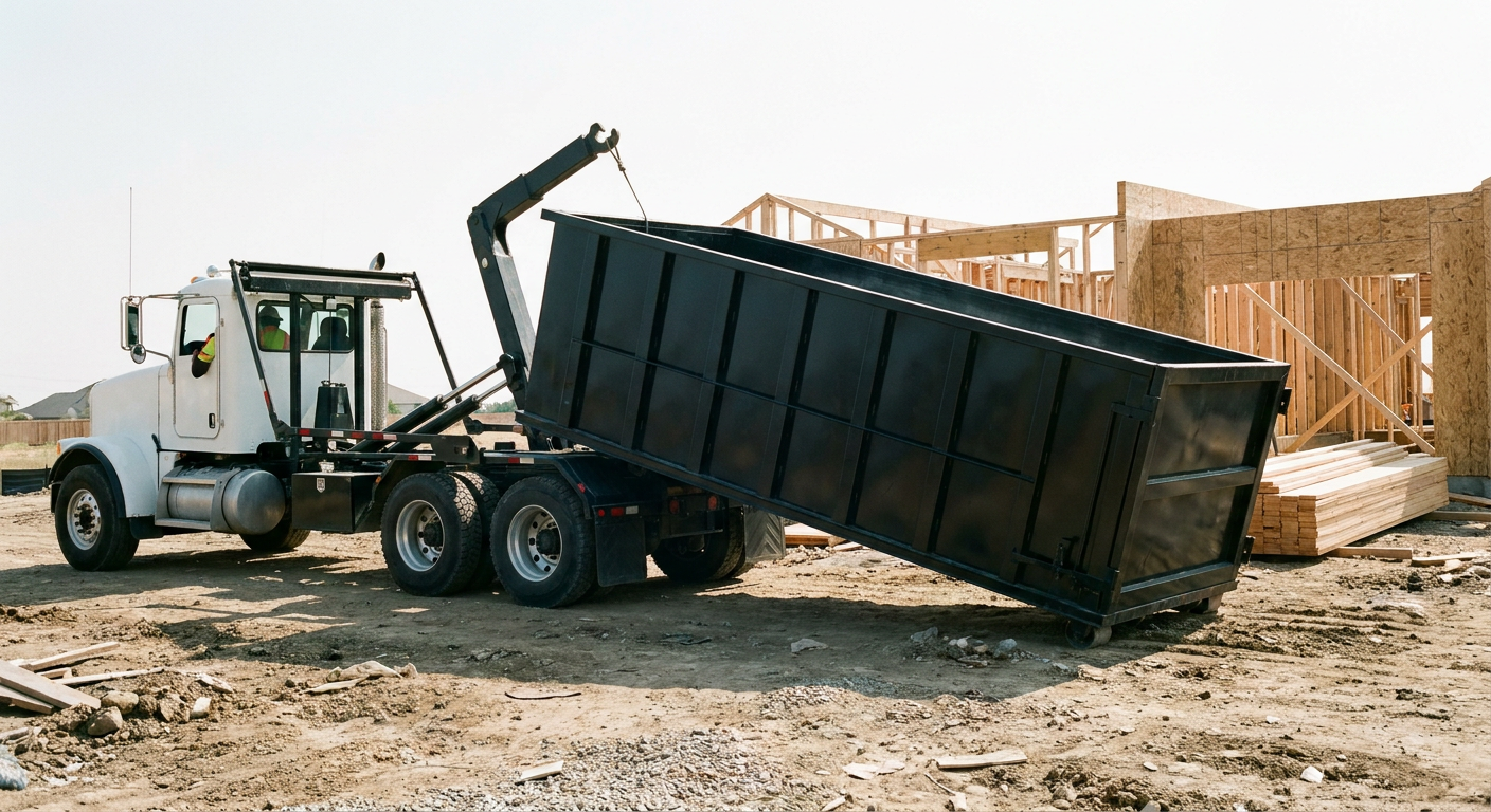 Matte-black roll-off dumpster being delivered onto a clean residential concrete driveway in Tyler by an unmarked white hooklift hauler truck, bright morning daylight, documentary 35mm perspective.