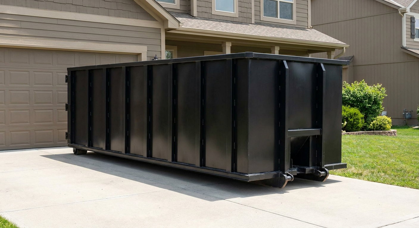 Matte-black residential roll-off dumpster sitting directly on a suburban Tyler concrete driveway, garage door closed, single-family home in background, bright morning daylight.