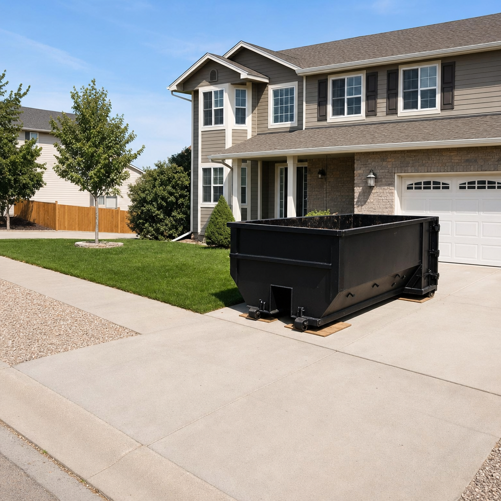 10-yard matte-black residential dumpster placed directly on a narrow Tyler concrete driveway, room remains for a parked sedan beside it, mid-morning natural light
