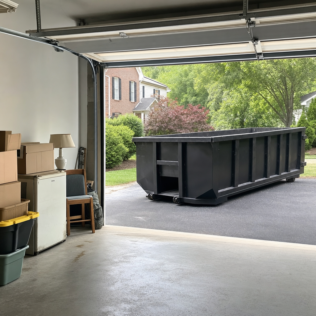 Open garage interior in a Tyler home mid-cleanout — boxed items, an old appliance, and stacked yard tools queued near the driveway for a matte-black roll-off dumpster, organized and calm