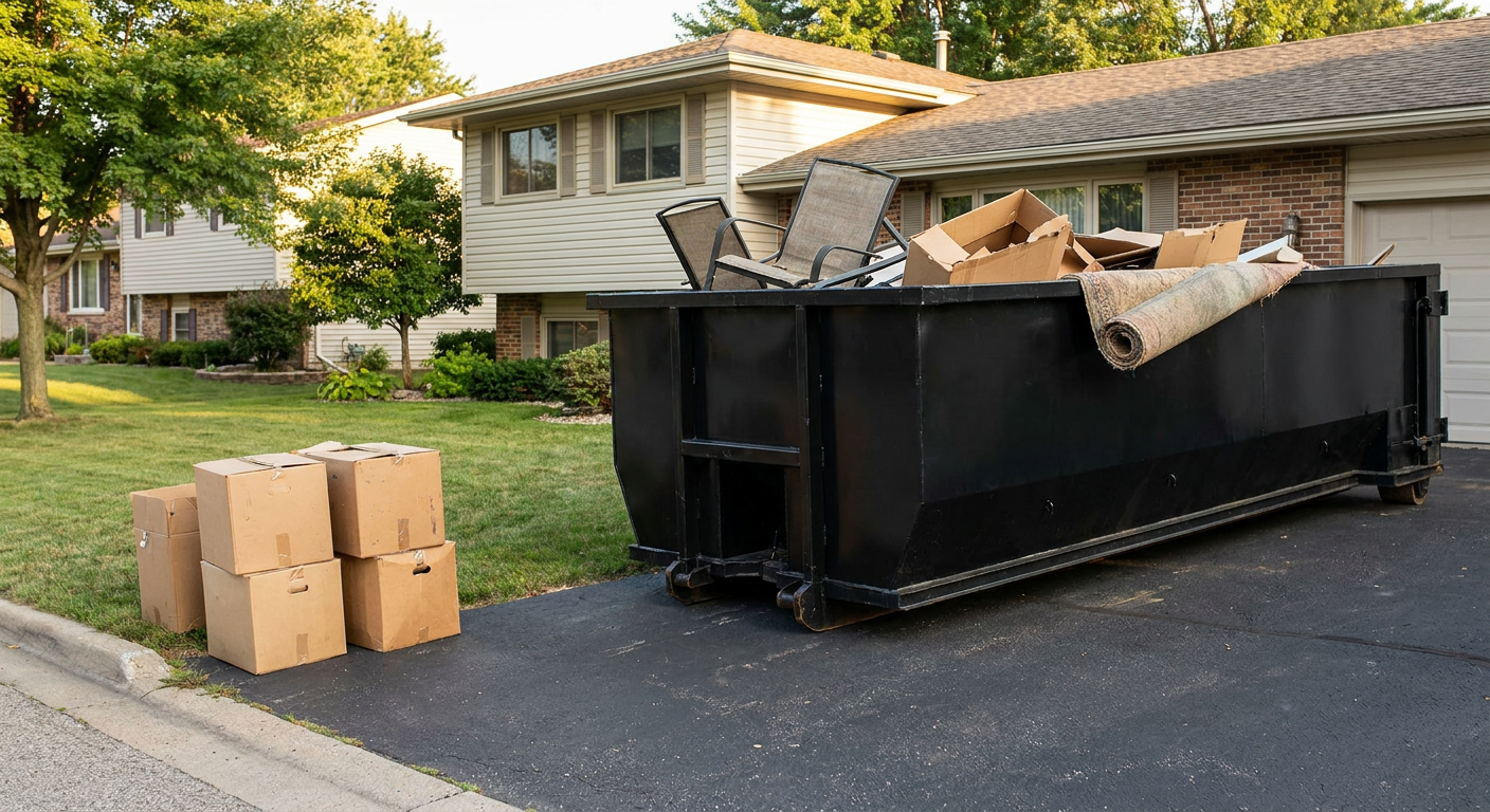 Front-yard view of a Tyler split-level home with a 20-yard matte-black roll-off dumpster sitting directly on the asphalt driveway, a few clearly labeled donation boxes staged at the curb, calm sunny afternoon.