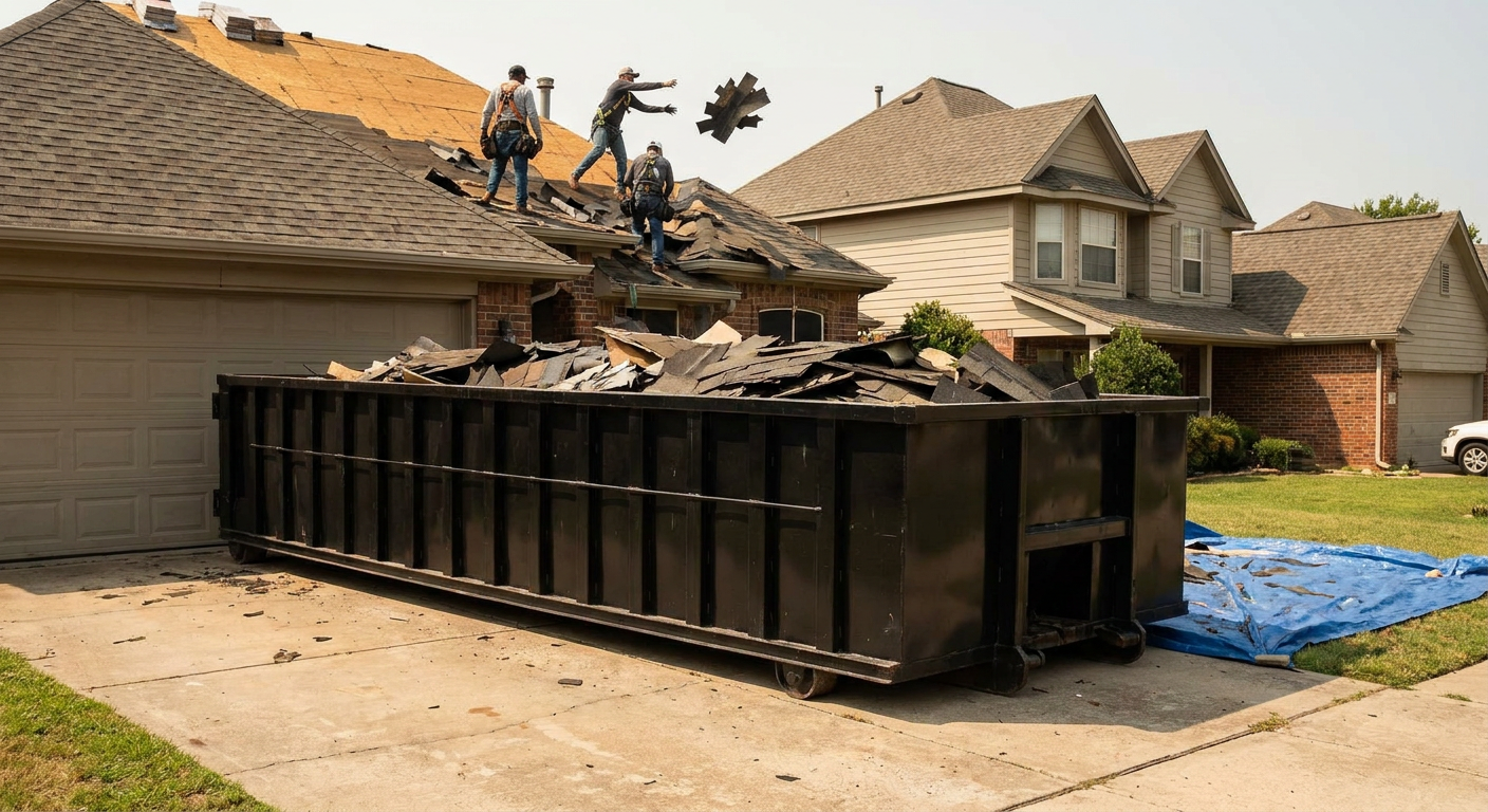 Matte-black roofing roll-off dumpster placed directly on a Tyler residential concrete driveway, a tear-off crew on a two-story asphalt-shingle roof tossing shingle bundles into the low-walled container, bright daylight, documentary 35mm perspective.