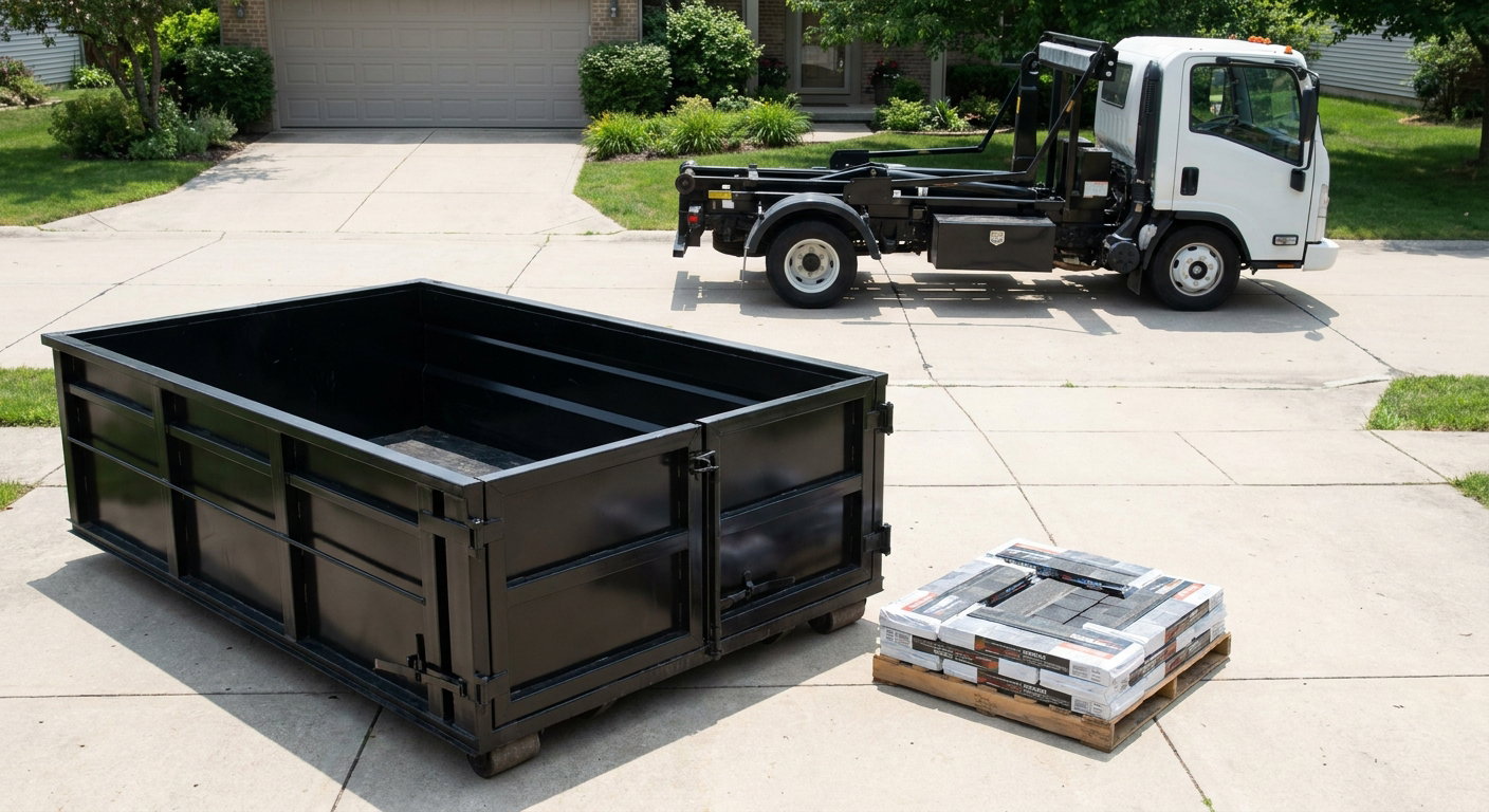 Matte-black 15-yard roofing roll-off dumpster with reinforced low side walls sitting directly on a Tyler residential concrete driveway, three-tab asphalt shingle bundles stacked nearby, an unmarked white hauler truck partially visible at the edge of the frame.
