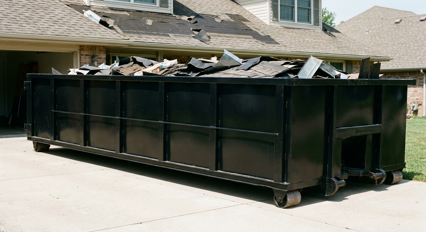 Matte-black 20-yard roofing roll-off dumpster with steel ribbed sides and swinging rear door, sitting directly on the concrete driveway of a two-story Tyler home, asphalt shingle debris being loaded over the low wall, clean documentary lighting.