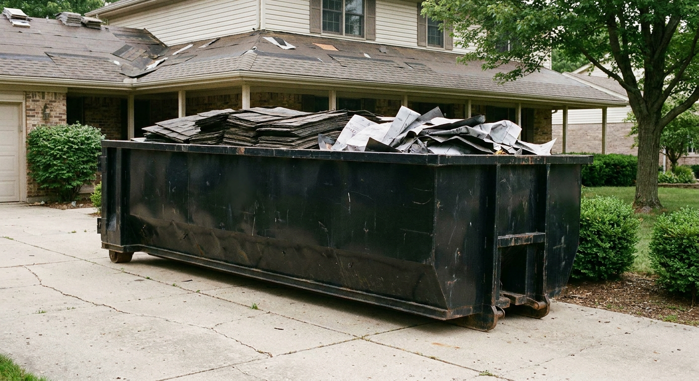 Matte-black 30-yard roofing roll-off dumpster sitting directly on a Tyler concrete driveway, taller ribbed steel side panels, mixed tear-off debris of asphalt shingles and underlayment inside, professional documentary daylight.