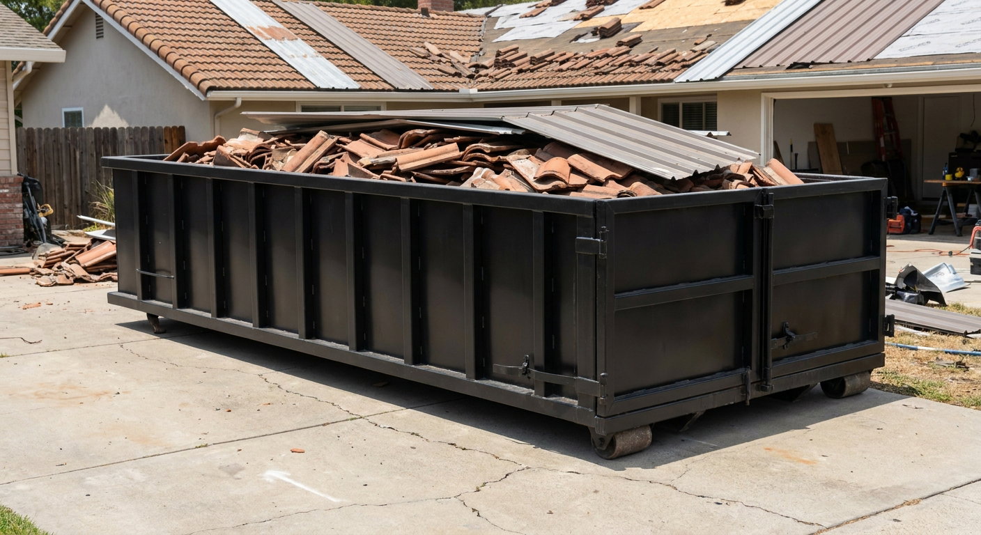 Matte-black low-wall heavy-debris roofing roll-off dumpster sitting directly on a Tyler concrete driveway, broken concrete clay roof tiles and metal panel sections loaded inside, reinforced ribbed steel side walls visible, bright outdoor daylight.