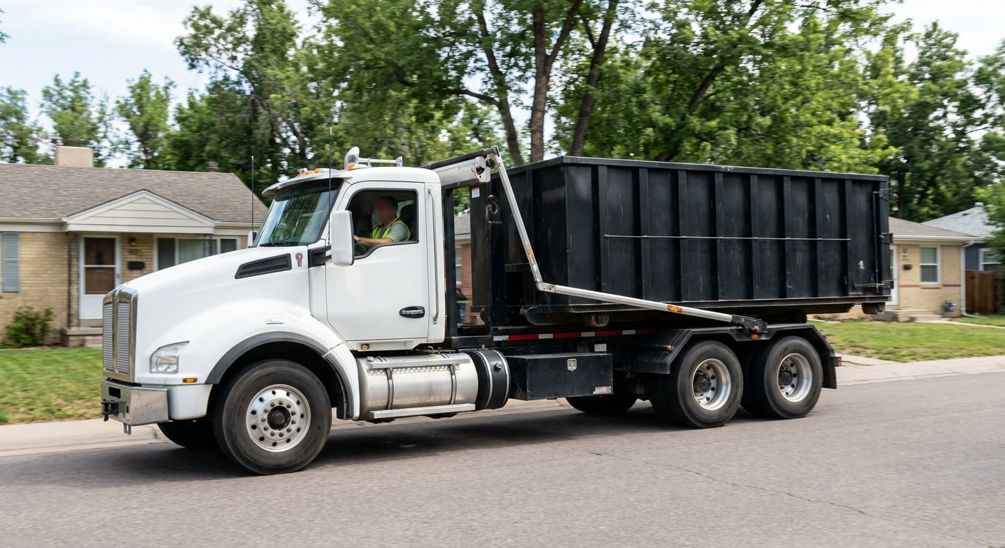 A wide documentary shot of a matte-black roll-off delivery truck pulling onto a quiet Tyler residential street at mid-morning, with neighborhood rooftops and tree-lined blocks visible behind, showing the metro coverage footprint.