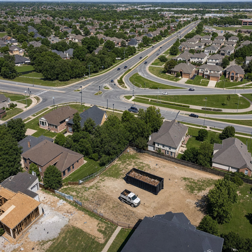An overhead documentary view of the Tyler metro area at midday, showing the spread of neighborhoods, arterial roads, and the dispatch radius from a central yard — clean daylight, organized geographic layout.