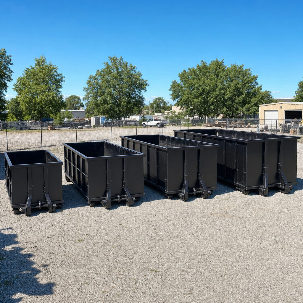A clean lineup of matte-black roll-off dumpsters in 10, 20, 30, and 40-yard sizes staged on a sunlit gravel yard in Tyler, showing the size progression from compact to commercial-scale containers.