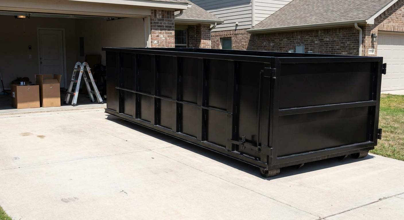 A matte-black 10-yard roll-off dumpster sitting directly on a residential Tyler concrete driveway, mid-day sunlight, clean and ready for a garage cleanout.