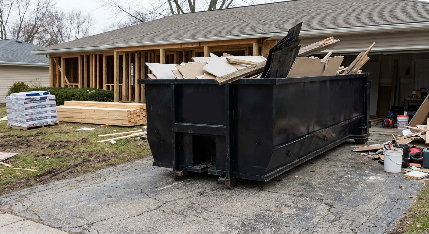 A matte-black 20-yard roll-off dumpster placed alongside a mid-renovation Tyler home directly on the asphalt driveway, with framing materials and torn-off shingles staged neatly nearby.