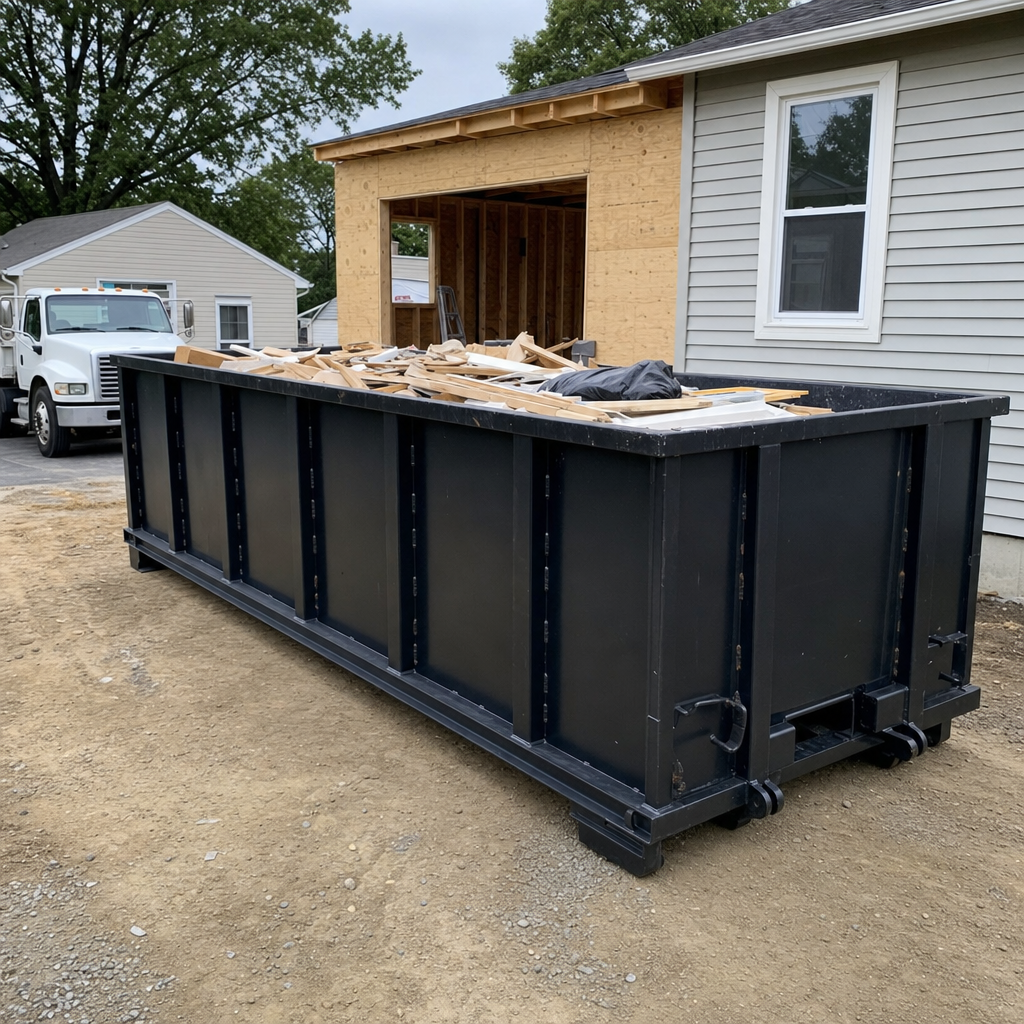 A matte-black 30-yard roll-off dumpster positioned at a Tyler residential addition jobsite, with framing lumber and drywall scraps loaded through the open swinging rear doors.