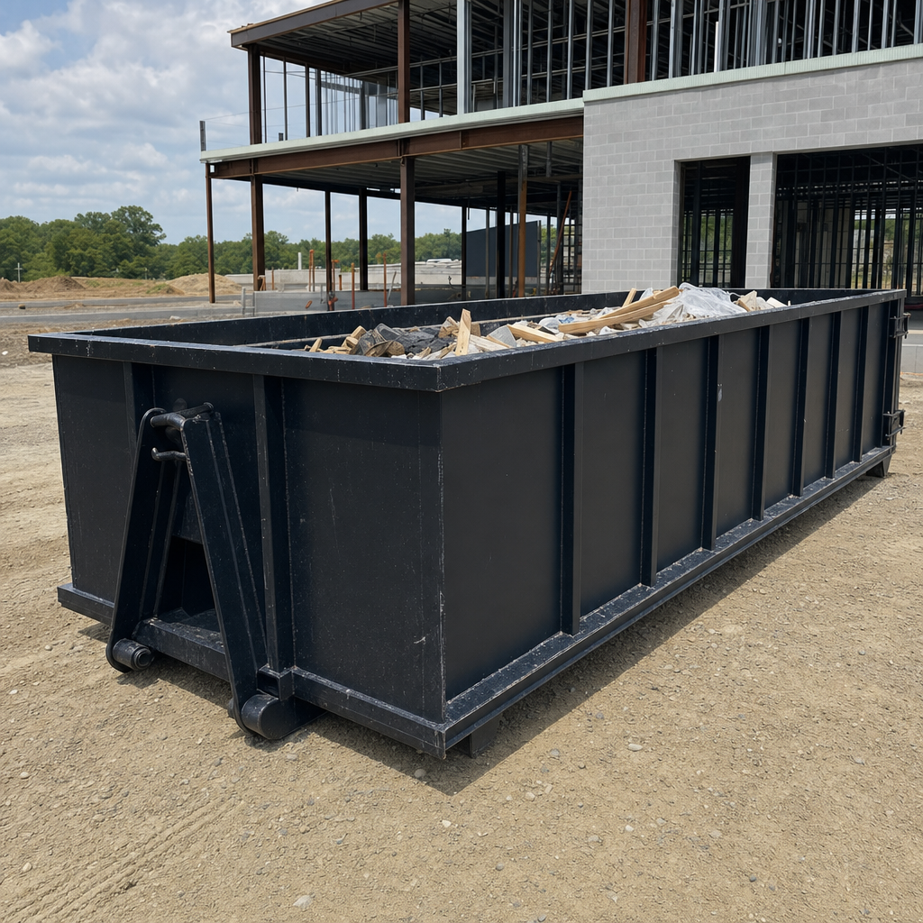 A matte-black 40-yard roll-off dumpster staged on a large Tyler commercial construction lot, with a hooklift delivery truck parked alongside under bright midday sky.