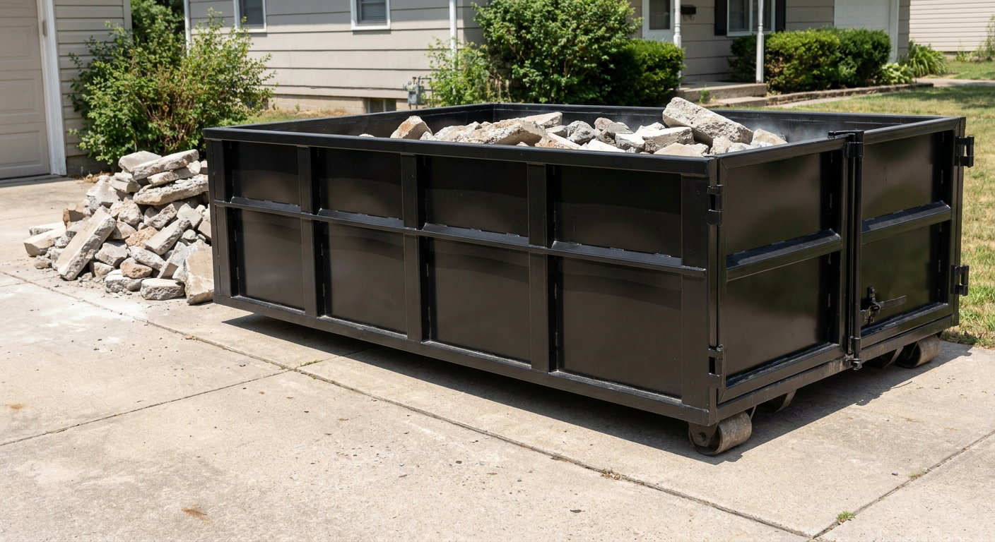 A matte-black low-side heavy-debris roll-off dumpster placed directly on a Tyler concrete driveway, with broken concrete chunks neatly stacked beside it under clean daylight.
